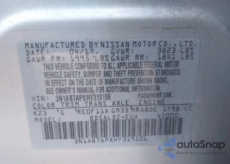 2017 Nissan Sentra Sv z USA, uszkodzony, nr VIN 3N1AB7APXHY319106
